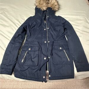 Hollister Dark Blue Winter Jacket with Faux Fur Hood